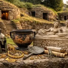 Tesori del popolo etrusco: elmo, gioielli d'oro, urne e sarcofago con figure sdraiate, davanti a tombe rupestri.