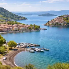 Marta al lago di Bolsena, con borghi pittoreschi, un porto turistico e colline verdi.