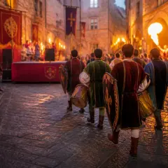 Uomini in costume d'epoca sfilano con tamburi e scudi, creando un'atmosfera di rievocazione medievale illuminata da torce.