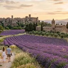 Coppia passeggia tra campi di lavanda a Tuscania, con borgo medievale sullo sfondo al tramonto.