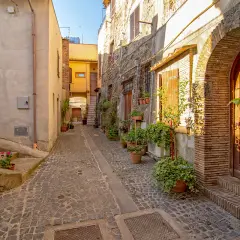 Un vicolo fiorito a Montalto di Castro, con case antiche e un portone in legno.