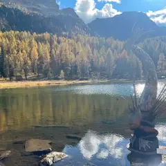 Scultura di un pesce con canna da pesca sul **lago di San Pellegrino**, circondato da boschi autunnali e montagne.