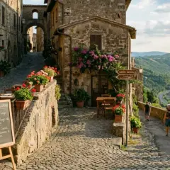 Borgo medievale con tavolini all'aperto e fiori. Segnaletica per Castel Gandolfo e il lago. Un assaggio di cosa vedere nell'Alto Lazio.