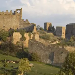 Antiche mura e torri di Tuscania VT si stagliano su una collina verdeggiante, con una chiesa imponente in lontananza.