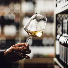 Un calice di vino Grechetto, con le sue caratteristiche note dorate, in una cantina con bottiglie sullo sfondo.