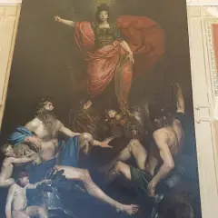 Affreschi Villa Lante interni: allegoria con figura femminile coronata, uomini barbuti e putti.