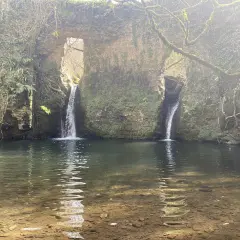 Cascate naturali a Barbarano Romano, con acqua cristallina che scende da antiche rovine ricoperte di muschio.