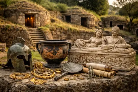Tesori del popolo etrusco: elmo, gioielli d'oro, urne e sarcofago con figure sdraiate, davanti a tombe rupestri.
