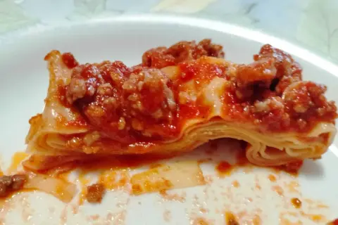 Fetta di lasagna con ragù, strati di pasta e sugo rosso. Non sono fregnacce, ma un piatto delizioso!