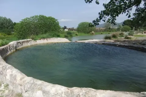 Piscine naturali delle terme di San Sisto, con acqua verde e bordi in pietra grezza, circondate da vegetazione lussureggiante sotto un cielo azzurro.