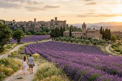 Coppia passeggia tra campi di lavanda a Tuscania, con borgo medievale sullo sfondo al tramonto.