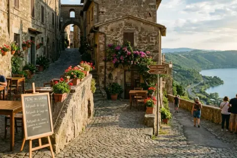 Borgo medievale con tavolini all'aperto e fiori. Segnaletica per Castel Gandolfo e il lago. Un assaggio di cosa vedere nell'Alto Lazio.