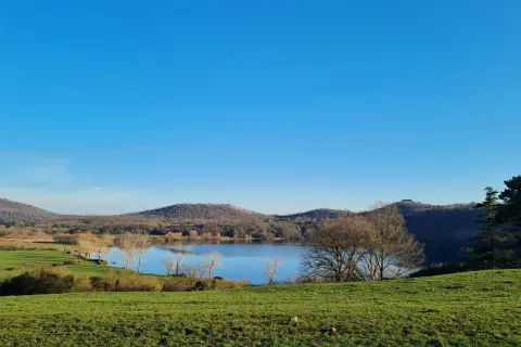 Paesaggio sereno con lago specchiato, colline boscose e prato verde. La **caldera di Latera** offre uno spettacolo tranquillo sotto un cielo azzurro.