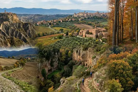 Paesaggio autunnale con borghi medievali e sentieri per il trekking a Viterbo.