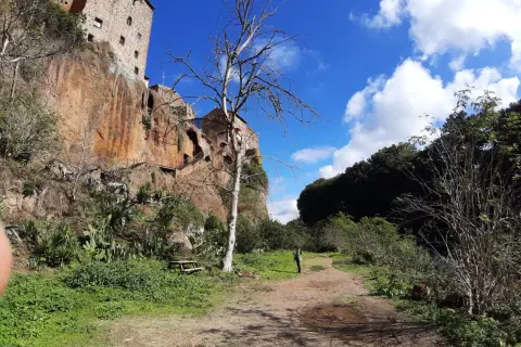 Sentiero nei pressi delle forre di Corchiano, con un edificio arroccato sulla rupe e un albero spoglio in primo piano.