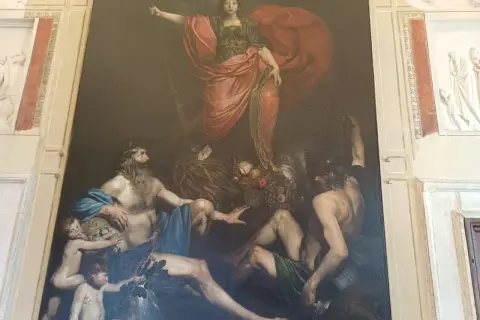 Affreschi Villa Lante interni: allegoria con figura femminile coronata, uomini barbuti e putti.