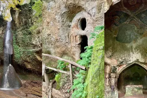 Cascata e grotte scavate nella roccia, con affreschi antichi, nel suggestivo eremo di Ischia di Castro.