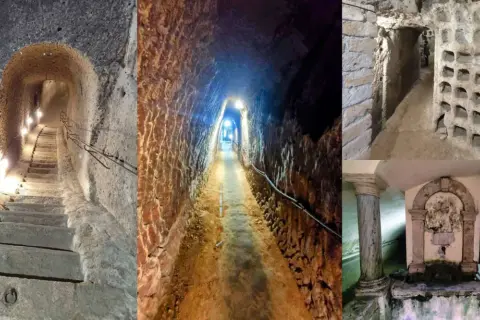 Sotterranei del borgo medievale di Orte: scale scavate nella roccia, cunicoli illuminati e nicchie antiche.