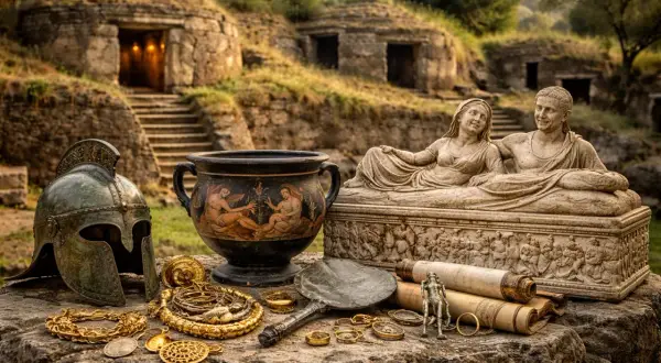 Tesori del popolo etrusco: elmo, gioielli d'oro, urne e sarcofago con figure sdraiate, davanti a tombe rupestri.