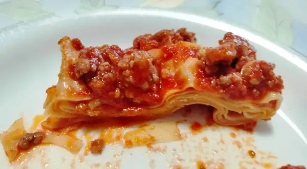 Fetta di lasagna con ragù, strati di pasta e sugo rosso. Non sono fregnacce, ma un piatto delizioso!