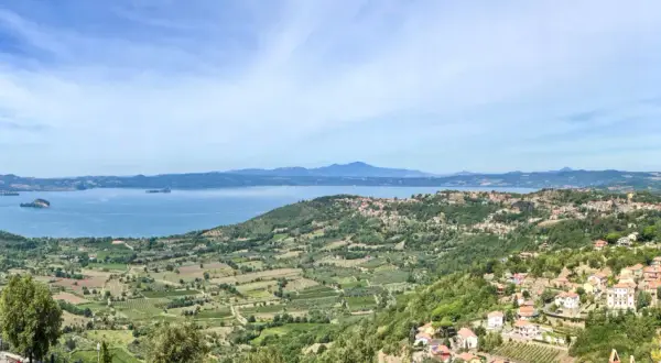 Panoramica di Montefiascone, dove si trova il lago di Bolsena, con colline verdi e case sparse.