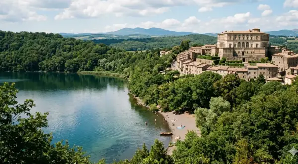Vista panoramica del lago di Caprarola con il Palazzo Farnese in lontananza. Persone si godono la spiaggia e l'acqua cristallina.