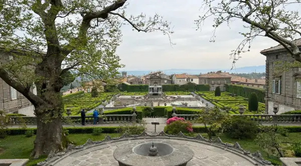Giardino all'italiana con fontane e siepi geometriche, con un grande albero in primo piano. La serpara domina il paesaggio.