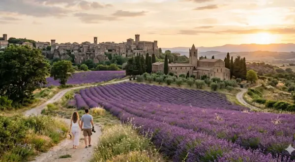 Coppia passeggia tra campi di lavanda a Tuscania, con borgo medievale sullo sfondo al tramonto.