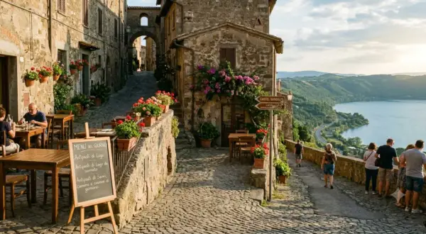 Borgo medievale con tavolini all'aperto e fiori. Segnaletica per Castel Gandolfo e il lago. Un assaggio di cosa vedere nell'Alto Lazio.