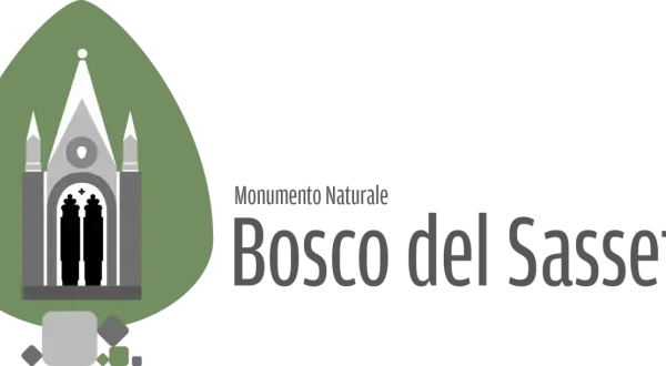 Monumento Naturale Bosco del Sasseto: un logo stilizzato con un edificio gotico e il nome del parco.