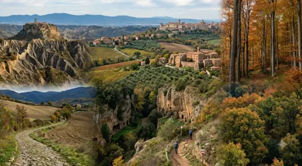 Paesaggio autunnale con borghi medievali e sentieri per il trekking a Viterbo.