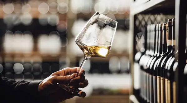 Un calice di vino Grechetto, con le sue caratteristiche note dorate, in una cantina con bottiglie sullo sfondo.
