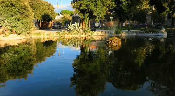 Un laghetto con riflessi verdi e azzurri, un'isola rocciosa con una fontana e alberi rigogliosi in un prato giardino a Viterbo.