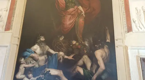 Affreschi Villa Lante interni: allegoria con figura femminile coronata, uomini barbuti e putti.