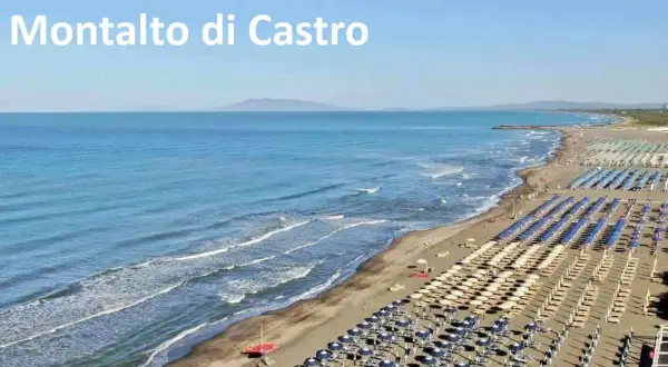 Spiaggia di Montalto di Castro con file ordinate di ombrelloni e lettini, mare azzurro e onde leggere.