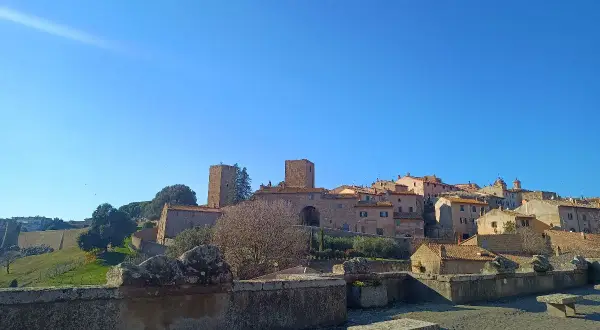 Panoramica di Piansano, Viterbo, con torri medievali e case in pietra sotto un cielo azzurro.
