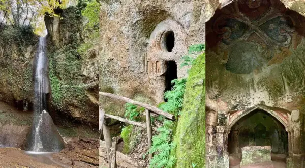 Cascata e grotte scavate nella roccia, con affreschi antichi, nel suggestivo eremo di Ischia di Castro.