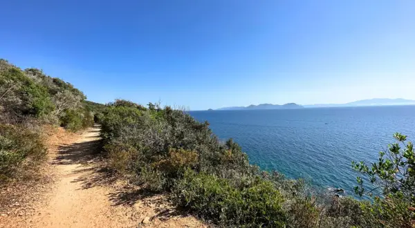 Sentiero sabbioso nella selva del Lamone, con vista sul mare blu e isole all'orizzonte.