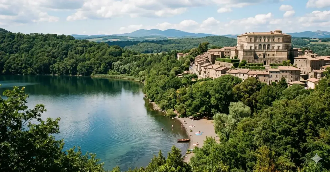 Vista panoramica del lago di Caprarola con il Palazzo Farnese in lontananza. Persone si godono la spiaggia e l'acqua cristallina.