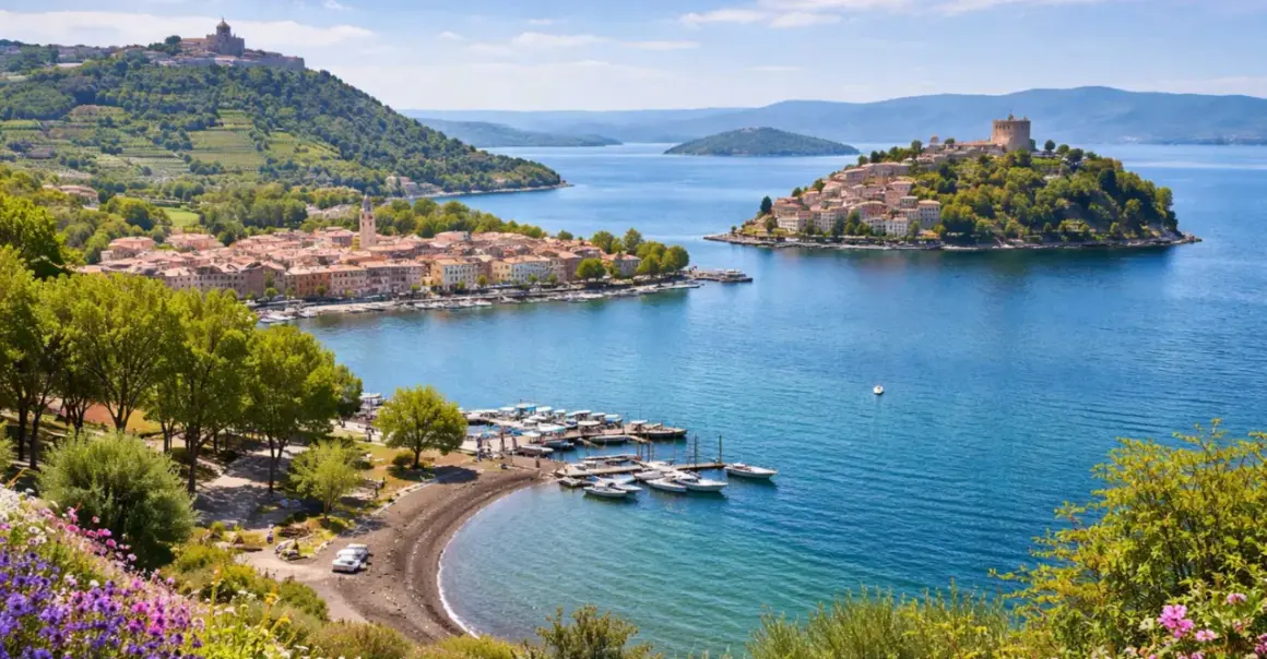 Marta al lago di Bolsena, con borghi pittoreschi, un porto turistico e colline verdi.