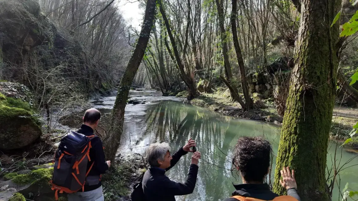 Passeggiata nel parco della Mola a Oriolo Romano, con un fiume che scorre tra alberi secolari e rocce muschiose.