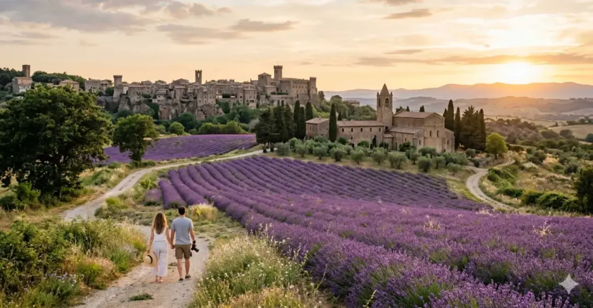 Coppia passeggia tra campi di lavanda a Tuscania, con borgo medievale sullo sfondo al tramonto.