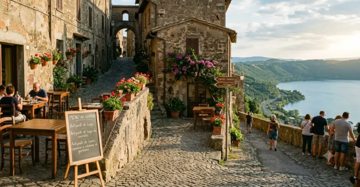 Borgo medievale con tavolini all'aperto e fiori. Segnaletica per Castel Gandolfo e il lago. Un assaggio di cosa vedere nell'Alto Lazio.