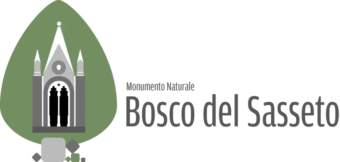 Monumento Naturale Bosco del Sasseto: un logo stilizzato con un edificio gotico e il nome del parco.