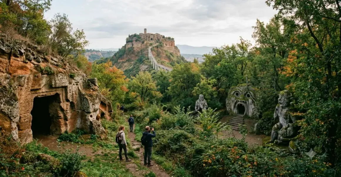 Sentiero verso Civita di Bagnoregio, una città fantasma nel Lazio, tra antiche tombe etrusche e sculture enigmatiche.