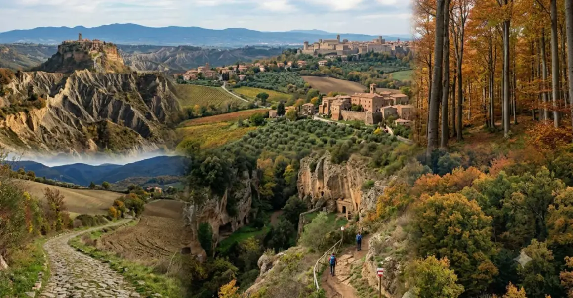 Paesaggio autunnale con borghi medievali e sentieri per il trekking a Viterbo.