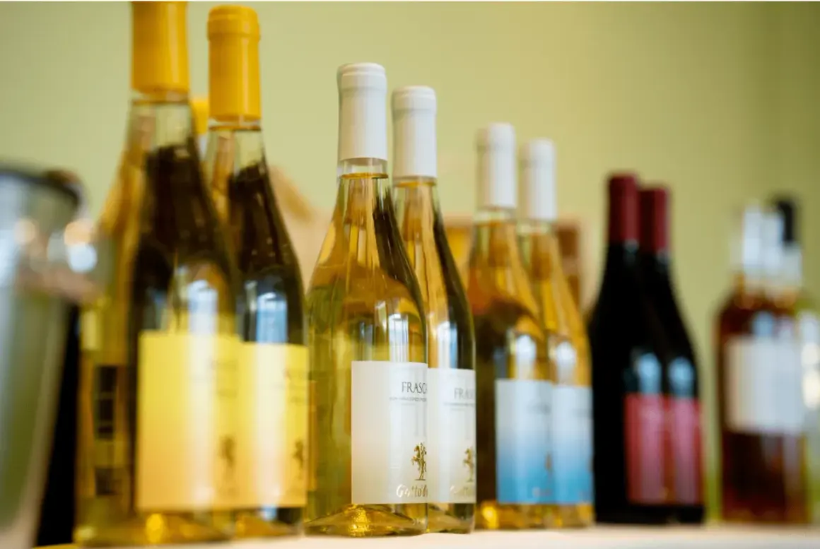 Bottiglie di vini laziali famosi, bianchi e rossi, allineate su uno scaffale, pronte per essere degustate.