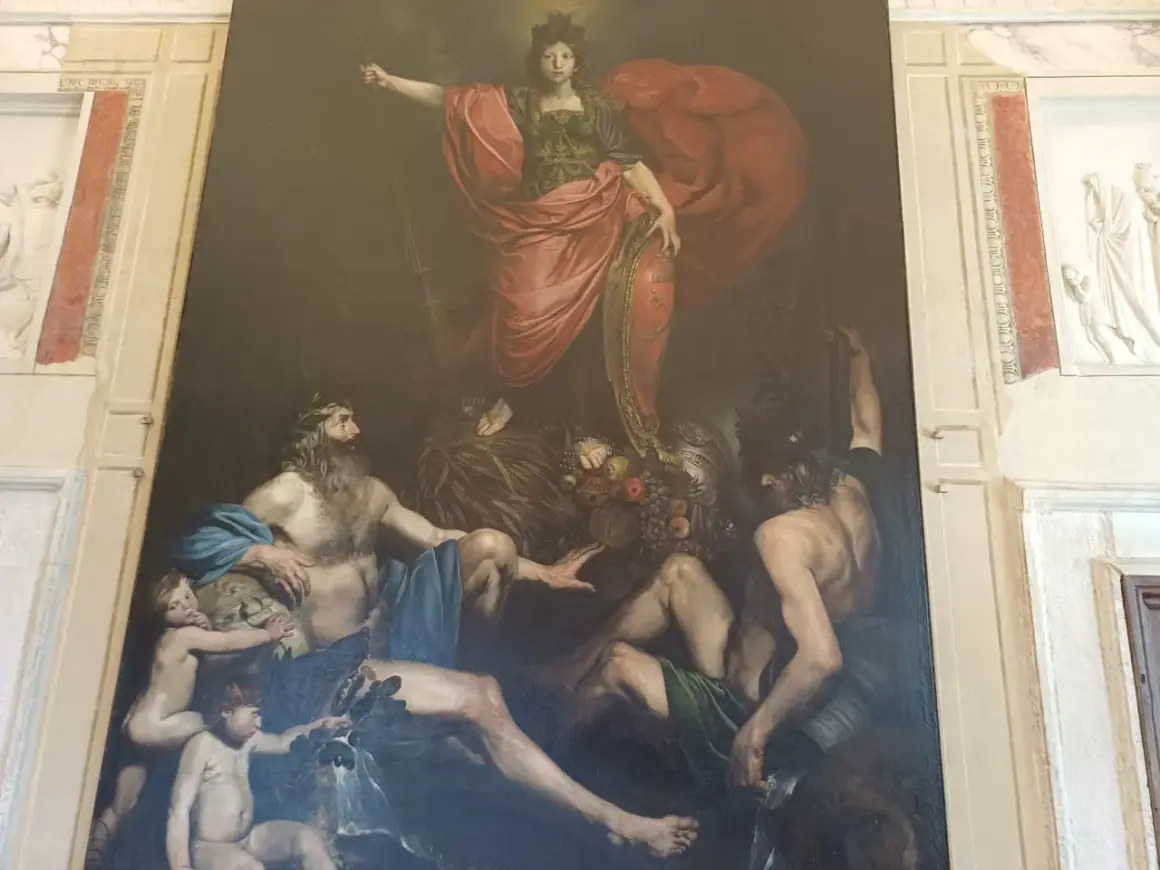 Affreschi Villa Lante interni: allegoria con figura femminile coronata, uomini barbuti e putti.