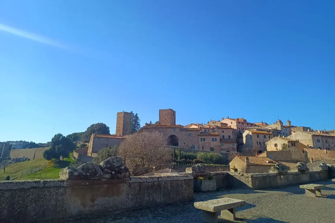 Panoramica di Piansano, Viterbo, con torri medievali e case in pietra sotto un cielo azzurro.