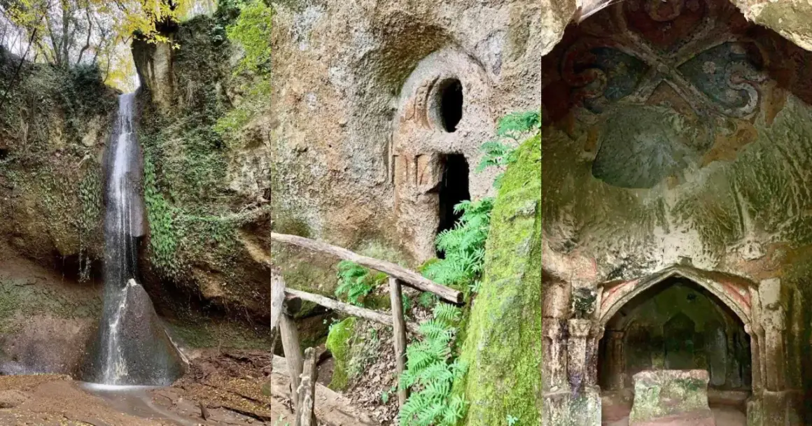 Cascata e grotte scavate nella roccia, con affreschi antichi, nel suggestivo eremo di Ischia di Castro.